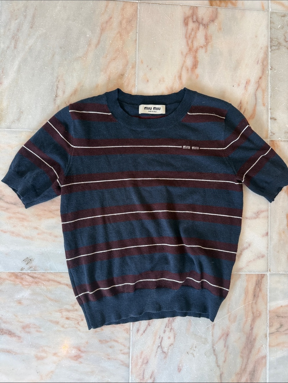 Miu Miu Navy and Burgundy Striped Short Sleeve Sweater